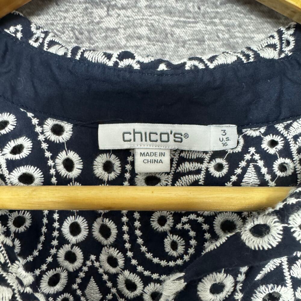 CHICO'S Eyelet Billow Long Sleeve Shirt Navy White Embroidery Women Size 3(16) - Picture 3 of 5